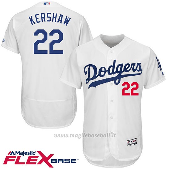 Maglia Baseball Uomo Los Angeles Dodgers Clayton Kershaw 22 Bianco Flex Base Autentico Collezione Giocatore